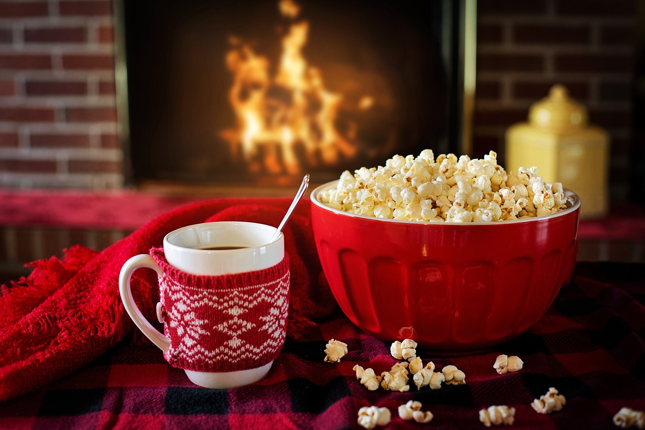 warm and cozy, popcorn, coffee, fireplace, cozy, warm, home, christmas, cold, fire, cup, comfort, comfortable, mug, fireplace, christmas, coffee cup, christmas, christmas, christmas, christmas